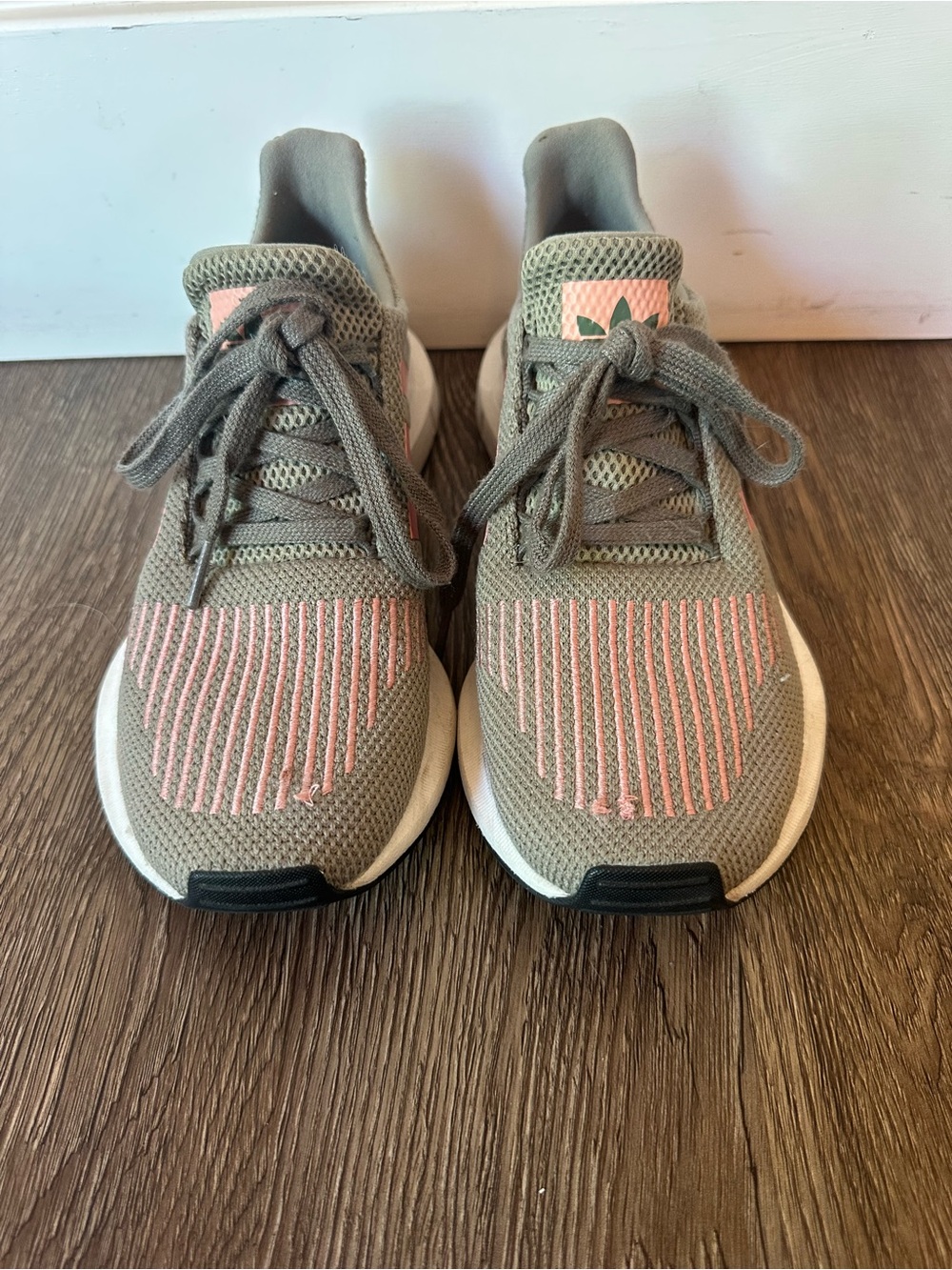 adidas Olive Knit Sneakers with Pink Accents
